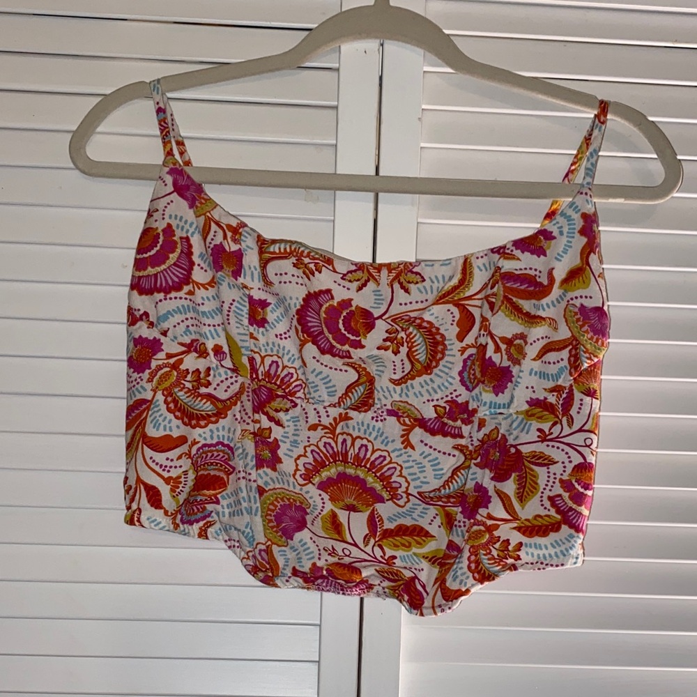 Midnight Sky Colorful Pink Coral White Aqua Fully  Lined Cropped Tank Top Size L
